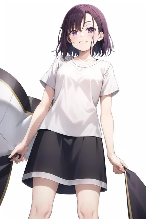 <lora:Shizuka:0.7> mikazuki_shizuka, purple eyes, purple hair, short hair, casual clothes, black shirt, from below,
standing, small breasts, (full body:1.1), smile, face, close-up,
(high quality:1.1), (high resolution:1.1), 4k, 1girl, simple background, white background,<lora:NoiseOffset_v2:1.0>
