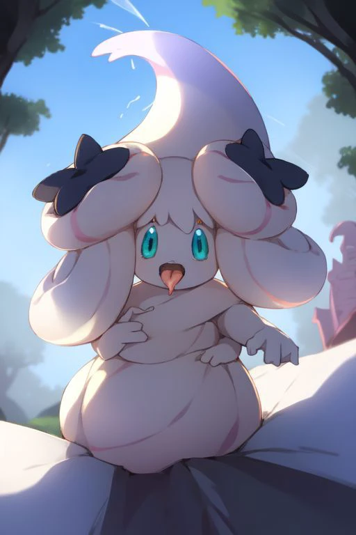 pokemon \(creature\), alcremie, shaded eyes, fpv, high angle view, giant tongue licking hair, looking up at viewer, best quality, masterpiece, high quality, high contrast, fantastical lighting, amazing shines, godrays, hard bright glows, dramatic dark shadows, nature background