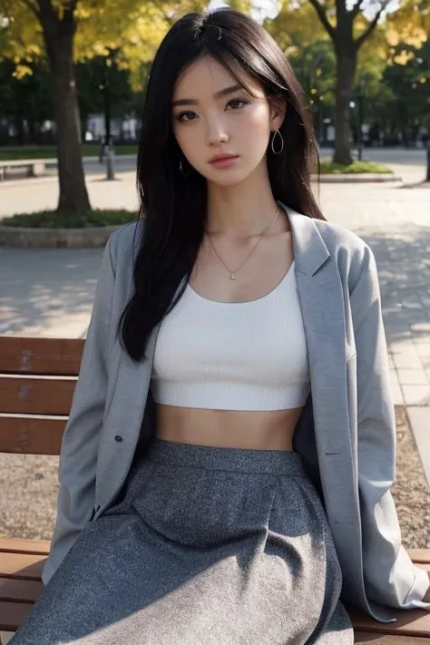 4k, 8k, ultra highres, raw photo in hdr, sharp focus, intricate texture, skin imperfections, realistic, detailed facial features, highly detailed face, posing,perfect lighting,long hair,(black hair),petite,sitting on a park bench,park,long skirt,white crop top,jacket, blue sky, clouds, river,water,asian