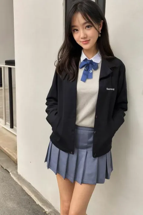4k, 8k, ultra highres, raw photo in hdr, sharp focus, intricate texture, skin imperfections, realistic, detailed facial features, highly detailed face, posing,perfect lighting,long hair,(black hair),facing viewer,smile,standing,<lora:SuppyColleen1:0.8> SuppyCollen1, <lora:Black_White_School_Dress_By_Stable_Yogi:0.8> SCHOOL UNIFORM, BLACK JACKET, LONG SLEEVES, COLLARED SHIRT, WHITE SHIRT, NECK RIBBON, GREY SKIRT, BLACK SOCKS, FOOTWEAR