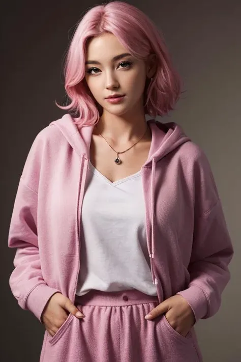 4k, 8k, ultra highres, raw photo in hdr, sharp focus, intricate texture, skin imperfections, realistic, detailed facial features, highly detailed face, posing,perfect lighting,long hair,pink hair,standing,full body,necklace,pink hoodie,long skirt,smile,asian
