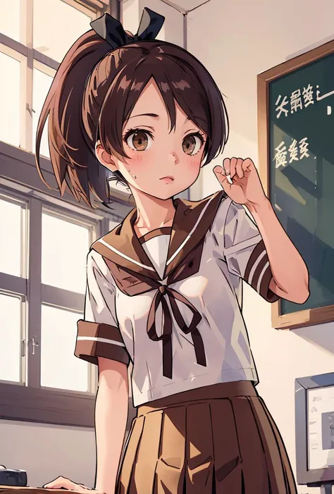 (masterpiece, best quality), 1girl, <lora:shikinami:0.8> shikinamiKC, 1girl, solo,skirt, school uniform, ponytail, pleated skirt, serafuku, brown skirt, sailor collar,brown sailor collar,