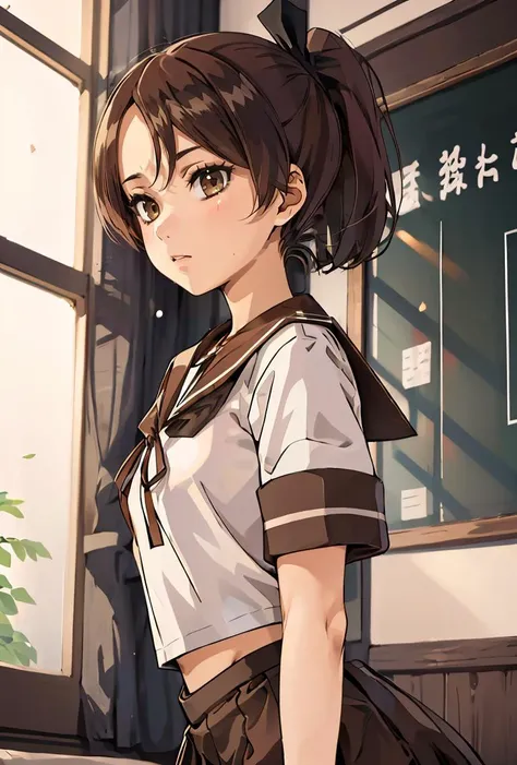 (masterpiece, best quality), 1girl, <lora:shikinami:0.8> shikinamiKC, 1girl, solo,skirt, school uniform, ponytail, pleated skirt, serafuku, brown skirt, sailor collar,brown sailor collar,