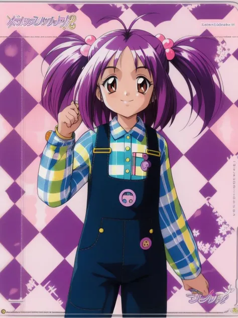 <lora:Kotobuki_Miyuki:1>, KotobukiMiyuki, 1girl, hair bobbles, solo, hair ornament, shirt, smile, overalls, character name, long sleeves, plaid, looking at viewer, plaid shirt, standing, copyright name, collared shirt, short hair, argyle, one side up, pink background, argyle background, bangs, buttons,
masterpiece, high quality, very_high_resolution, large_filesize, full color,