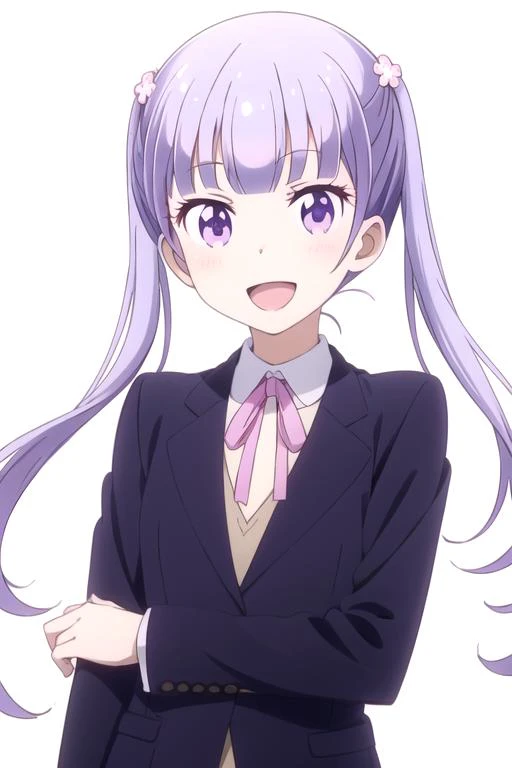 solo, 1girl, looking at viewer, 2D, anime, anime coloring, upper body, (solid white background:1.3),  <lora:aoba-newgame:0.8>, aoba suzukaze, ribbon, suit, jacket, smile, :d