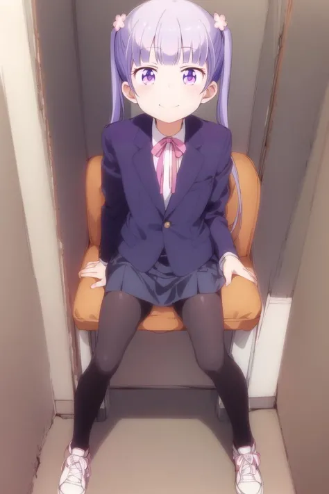 (masterpiece, best quality), <lora:aoba:0.8>, sit on chair, suzukaze aoba, formal, suit, skirt, looking at viewer, smile, from below, sneakers