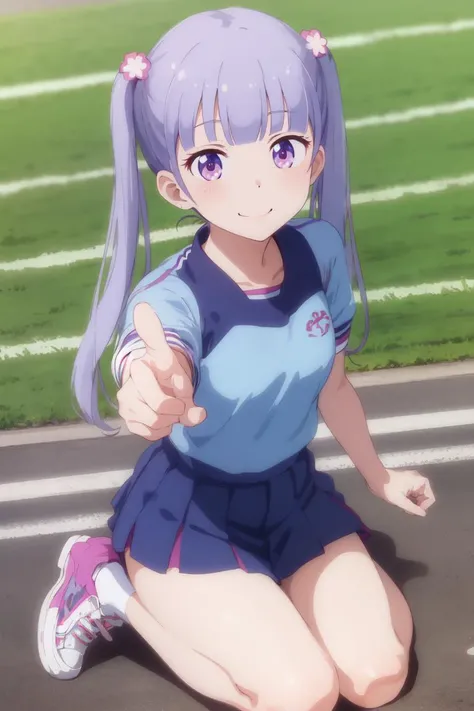 (masterpiece, best quality), <lora:aoba:0.6>, suzukaze aoba, cheerleader uniform, looking at viewer, smile, from above, sneakers