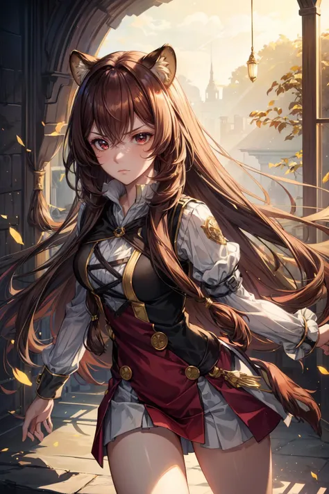 1girl,  Running pose, Frowning, upset, <lora:Raphtalia:0.8> Raphtalia, red eyes, brown hair, long hair, animal ears, raccoon ears, raccoon girl, raccoon tail, sexy, adult, ((detailed)), ((best quality)), ((masterpiece)),  (hires, high resolution:1.3), beautiful face, intricate, (detailed background, light colors, sunlight, natural light, soft shadows), (soft lighting, cinematic light, professional lighting, studio Lighting), extremely detailed CG unity 8k wallpaper, 32k, focus sharp,  <lora:add_detail:0.7>  <lora:CosmicEyes:0.5> cosmieyes, eyelashes, reflection, light particles