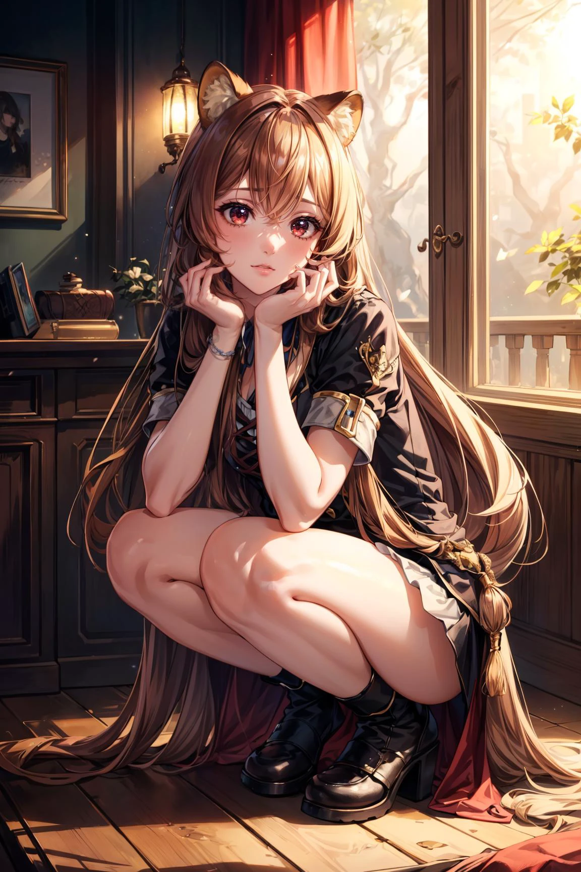 1girl, full body, Squatting pose, Narrowed eyes, <lora:Raphtalia:0.8> Raphtalia, red eyes, brown hair, long hair, animal ears, raccoon ears, raccoon girl, raccoon tail, sexy, adult, ((detailed)), ((best quality)), ((masterpiece)), (hires, high resolution:1.3), beautiful face, intricate, (detailed background, light colors, sunlight, natural light, soft shadows), (soft lighting, cinematic light, professional lighting, studio Lighting), extremely detailed CG unity 8k wallpaper, 32k, focus sharp, <lora:add_detail:0.7> <lora:CosmicEyes:0.5> cosmieyes, eyelashes, reflection, light particles