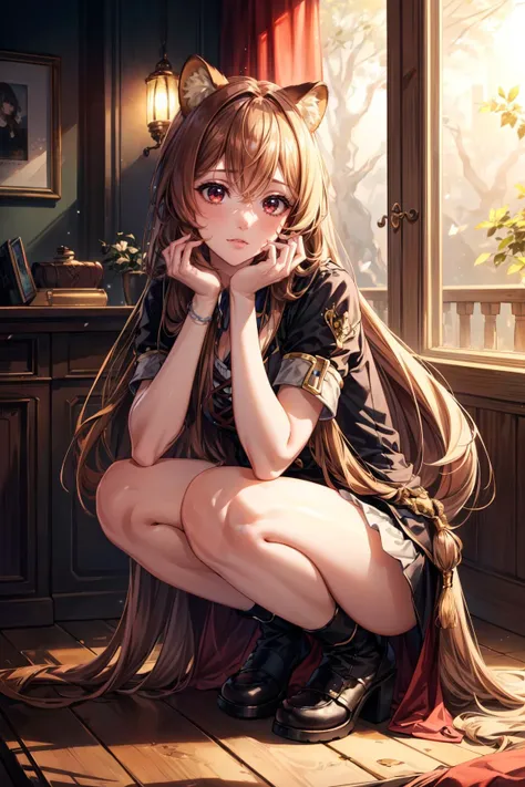 1girl,  full body, Squatting pose, Narrowed eyes, <lora:Raphtalia:0.8> Raphtalia, red eyes, brown hair, long hair, animal ears, raccoon ears, raccoon girl, raccoon tail, sexy, adult, ((detailed)), ((best quality)), ((masterpiece)),  (hires, high resolution:1.3), beautiful face, intricate, (detailed background, light colors, sunlight, natural light, soft shadows), (soft lighting, cinematic light, professional lighting, studio Lighting), extremely detailed CG unity 8k wallpaper, 32k, focus sharp,  <lora:add_detail:0.7>  <lora:CosmicEyes:0.5> cosmieyes, eyelashes, reflection, light particles