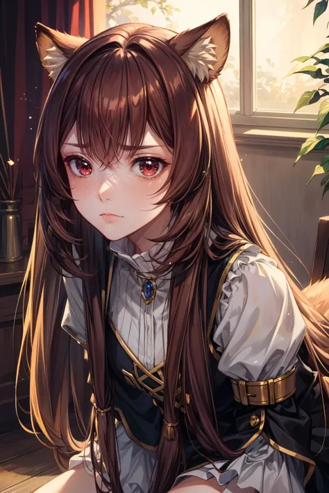 1girl,  Kneeling pose, Frowning, upset, <lora:Raphtalia:0.8> Raphtalia, red eyes, brown hair, long hair, animal ears, raccoon ears, raccoon girl, raccoon tail, sexy, adult, ((detailed)), ((best quality)), ((masterpiece)),  (hires, high resolution:1.3), beautiful face, intricate, (detailed background, light colors, sunlight, natural light, soft shadows), (soft lighting, cinematic light, professional lighting, studio Lighting), extremely detailed CG unity 8k wallpaper, 32k, focus sharp,  <lora:add_detail:0.7>  <lora:CosmicEyes:0.5> cosmieyes, eyelashes, reflection, light particles