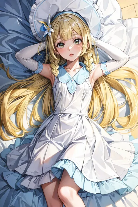 1girl, <lora:lillie_(pokemon)_v1:0.8> aalillie, long hair, braid, sun hat, white headwear, collarbone, sleeveless dress, white dress, aalillie, long hair, ponytail, french braid, white shirt, short sleeves, white skirt, pleated skirt, aalillie, long hair, braid, hairband, hair ornament, hair flower, bare shoulders, blue dress, sleeveless, elbow gloves, white gloves <lora:add_detail:1> <lora:CosmicEyes:0.7>  <lora:AcrossBed-10:0.8> pov across bed