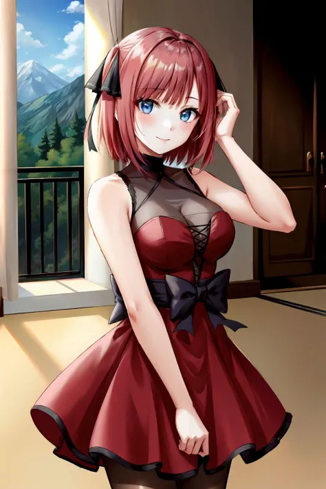 masterpiece, best quality, solo, 1girl, detailed eyes, detailed hands, detailed lighting, highres, mountains in background, balcony,
<lora:add_detail:0.4>
<lora:CosmicEyes:0.4>, blue eyes,
<lora:EraseGroinSkirt:0>
<lora:nakano_nino_v10:0.6> , nn1, hair ribbon, blush, looking at viewer, breasts, short hair, smile, cleavage,
<lora:RubyDance2:0.8> , ddirose, dress, pantyhose, high heels, bow, ruby rose, grey eyes, black hair, gradient hair,
