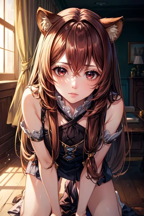 1girl,  Kneeling pose, Scornful look, look of contempt,, <lora:Raphtalia:0.8> Raphtalia, red eyes, brown hair, long hair, animal ears, raccoon ears, raccoon girl, raccoon tail, sexy, adult, ((detailed)), ((best quality)), ((masterpiece)),  (hires, high resolution:1.3), beautiful face, intricate, (detailed background, light colors, sunlight, natural light, soft shadows), (soft lighting, cinematic light, professional lighting, studio Lighting), extremely detailed CG unity 8k wallpaper, 32k, focus sharp,  <lora:add_detail:0.7>  <lora:CosmicEyes:0.5> cosmieyes, eyelashes, reflection, light particles