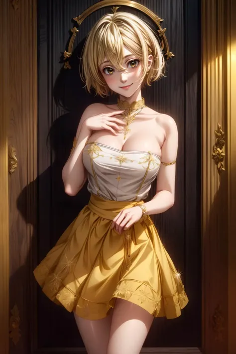 1girl, <lora:rentagf:1> mami, yellow hair, bob, yellow eyes, medium breasts, skirt, neckline, smile, ((detailed)), ((best quality)), ((masterpiece)), extremely detailed CG unity 8k wallpaper, 32k, focus sharp, <lora:add_detail:0.8> <lora:CosmicEyes:0.8>