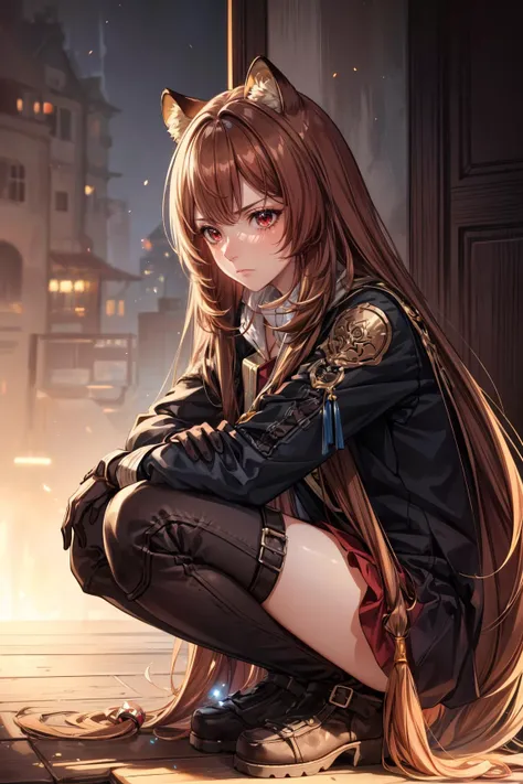 1girl,  full body, Squatting pose, Frowning, upset, <lora:Raphtalia:0.8> Raphtalia, red eyes, brown hair, long hair, animal ears, raccoon ears, raccoon girl, raccoon tail, sexy, adult, ((detailed)), ((best quality)), ((masterpiece)),  (hires, high resolution:1.3), beautiful face, intricate, (detailed background, light colors, sunlight, natural light, soft shadows), (soft lighting, cinematic light, professional lighting, studio Lighting), extremely detailed CG unity 8k wallpaper, 32k, focus sharp,  <lora:add_detail:0.7>  <lora:CosmicEyes:0.5> cosmieyes, eyelashes, reflection, light particles