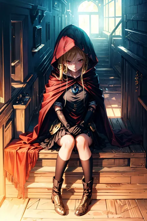 1girl, Seated pose, sexy smile, seductive look, <lora:evileye_overlord-10:0.8> evileye_overlord, blonde hair, long hair, hood,red eyes, gloves, cloak, torn clothes, cape, hooded cloak, (mask1.2), red cape, (black dress), Petite body, sexy, young, adult, full body, outside, magic, action, summoners,  ((detailed)), ((best quality)), ((masterpiece)),  (hires, high resolution:1.3), beautiful face, intricate, (detailed background, light colors, sunlight, natural light, soft shadows), (soft lighting, cinematic light, professional lighting, studio Lighting), extremely detailed CG unity 8k wallpaper, 32k, focus sharp,   <lora:add_detail:1>  <lora:Light and Shadow:0.5> <lora:CosmicEyes:0.7>