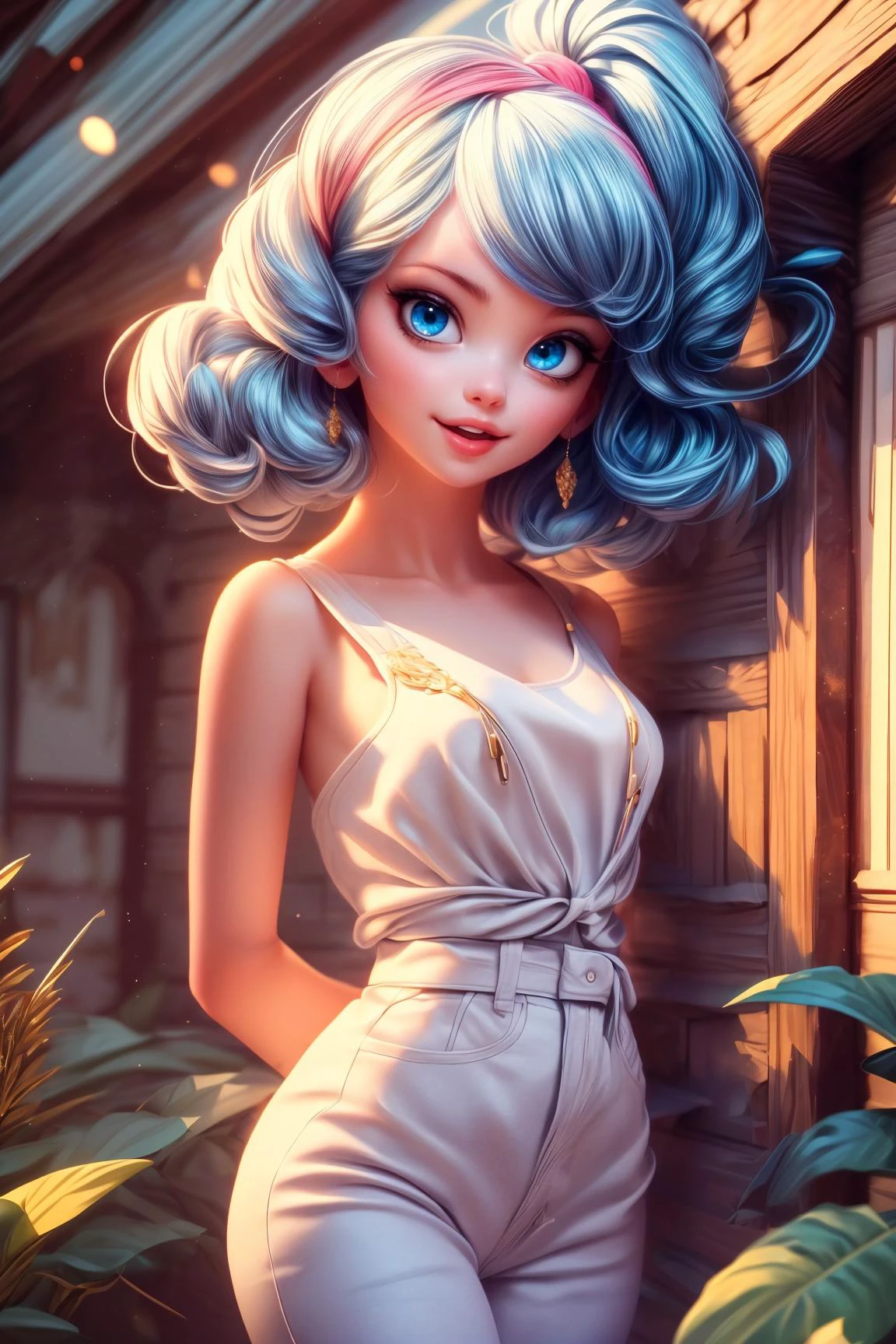 1girl, Arms crossed behind the back pose, Toned body, Open-mouthed in astonishment, Sunset orange hair, Half-up, half-down hairstyle, sexy, adult, ((detailed)), ((best quality)), ((masterpiece)), (hires, high resolution:1.3), beautiful face, intricate, (detailed background, light colors, sunlight, natural light, soft shadows), (soft lighting, cinematic light, professional lighting, studio Lighting), extremely detailed CG unity 8k wallpaper, 32k, focus sharp, <lora:add_detail:1> <lora:CosmicEyes:0.7>