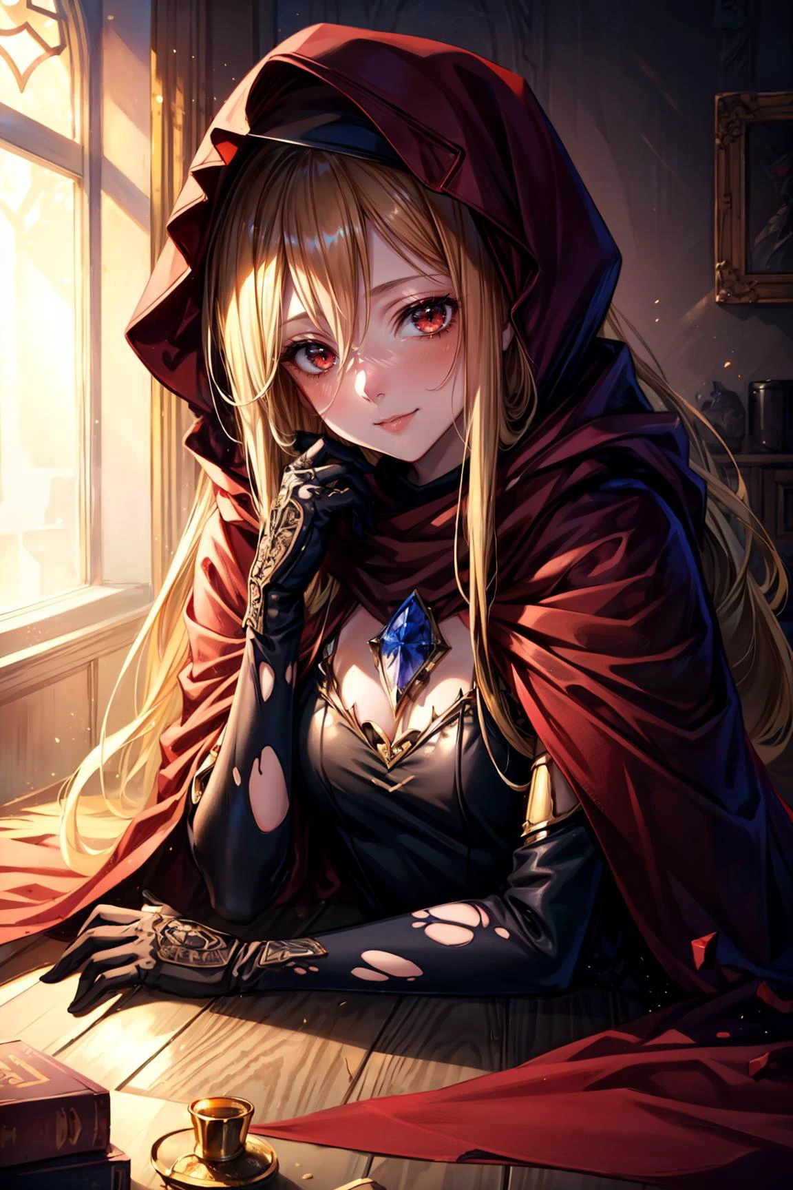 1girl, Lying down pose, sexy smile, seductive look, <lora:evileye_overlord-10:0.8> evileye_overlord, blonde hair, long hair, hood,red eyes, gloves, cloak, torn clothes, cape, hooded cloak, (mask1.2), red cape, (black dress), Petite body, sexy, young, adult, full body, outside, magic, action, summoners, ((detailed)), ((best quality)), ((masterpiece)), (hires, high resolution:1.3), beautiful face, intricate, (detailed background, light colors, sunlight, natural light, soft shadows), (soft lighting, cinematic light, professional lighting, studio Lighting), extremely detailed CG unity 8k wallpaper, 32k, focus sharp, <lora:add_detail:1> <lora:Light and Shadow:0.5> <lora:CosmicEyes:0.7>