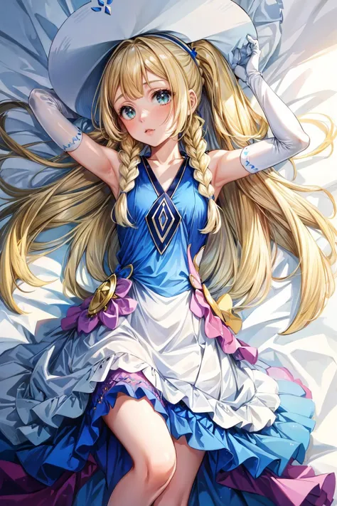 1girl, Lying down on the bed from behind, <lora:lillie_(pokemon)_v1:0.8> aalillie, long hair, braid, sun hat, white headwear, collarbone, sleeveless dress, white dress, aalillie, long hair, ponytail, french braid, white shirt, short sleeves, white skirt, pleated skirt, aalillie, long hair, braid, hairband, hair ornament, hair flower, bare shoulders, blue dress, sleeveless, elbow gloves, white gloves <lora:add_detail:1> <lora:CosmicEyes:0.7>