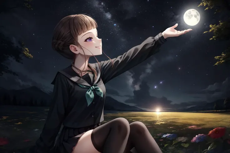 falling stars,well drawn legs,,moon,masterpiece, high quality, <lora:manaka_nemu:1> manaka nemu, brown hair, purple eyes, blunt bangs, school uniform, neckerchief, hair bun, sidelocks, long hair, night, stars, night sky, sitting on grass, happy smile, looking up, black thighhighs, <lora:1more_details:0.3> , outdoors, <lora:CosmicEyes:0.8> CosmiEyes,eyelashes, reflection, light particles, <lora:LowRA_v2:0.6>,