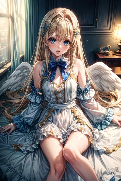 1girl, Lying on back, Sticking out tongue (mockery), <lora:Kizuki - The Rising of the Shield Hero - Filo:0.8> filo, blonde hair, ahoge, hair ornament, flat chest, bangs, long hair, angel wings, white dress, blue bow, sexy, adult, ((detailed)), ((best quality)), ((masterpiece)), (hires, high resolution:1.3), beautiful face, intricate, (detailed background, light colors, sunlight, natural light, soft shadows), (soft lighting, cinematic light, professional lighting, studio Lighting), extremely detailed CG unity 8k wallpaper, 32k, focus sharp, <lora:add_detail:0.8> <lora:CosmicEyes:0.5> cosmieyes, eyelashes, reflection, light particles <lora:more_details:0.5>