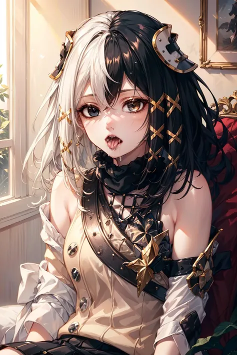 1girl, Seated pose, (open mouth),(tongue out),(saliva:1.4),saliva drip,(uvula),inner mouth,maw,(oral invitation),, <lora:ol_antilene-10:0.8> olantilene, hair ornament, heterochromia, sweater, skirt, black gloves sexy, adult, ((detailed)), ((best quality)), ((masterpiece)), (hires, high resolution:1.3), beautiful face, intricate, (detailed background, light colors, sunlight, natural light, soft shadows), (soft lighting, cinematic light, professional lighting, studio Lighting), extremely detailed CG unity 8k wallpaper, 32k, focus sharp, <lora:add_detail:0.7> <lora:CosmicEyes:0.5> cosmieyes, eyelashes, reflection, light particles