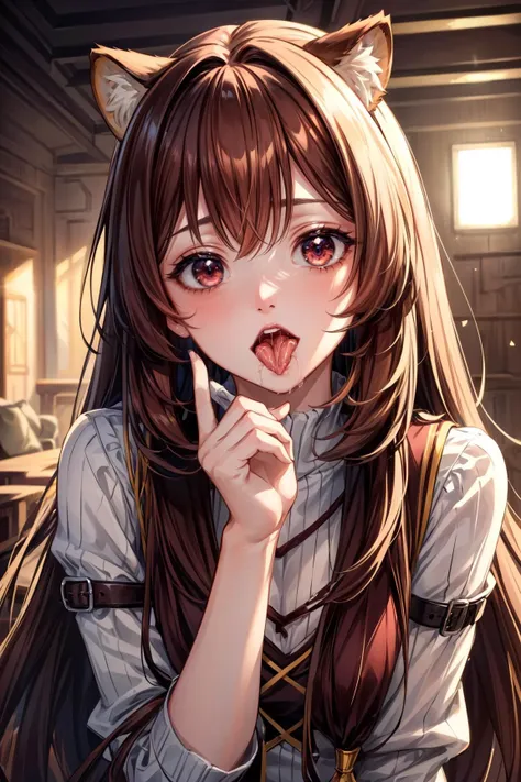 1girl,  Hand on chin pose, (open mouth),(tongue out),(saliva:1.4),saliva drip,(uvula),inner mouth,maw,(oral invitation),, <lora:Raphtalia:0.8> Raphtalia, red eyes, brown hair, long hair, animal ears, raccoon ears, raccoon girl, raccoon tail, sexy, adult, ((detailed)), ((best quality)), ((masterpiece)),  (hires, high resolution:1.3), beautiful face, intricate, (detailed background, light colors, sunlight, natural light, soft shadows), (soft lighting, cinematic light, professional lighting, studio Lighting), extremely detailed CG unity 8k wallpaper, 32k, focus sharp,  <lora:add_detail:0.7>  <lora:CosmicEyes:0.5> cosmieyes, eyelashes, reflection, light particles