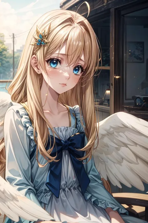 1girl, Seated pose, Petite body, Tearful eyes, <lora:Kizuki - The Rising of the Shield Hero - Filo:0.8> filo, blonde hair, ahoge, hair ornament, flat chest, bangs, long hair, angel wings, white dress, blue bow, sexy, adult, ((detailed)), ((best quality)), ((masterpiece)), (hires, high resolution:1.3), beautiful face, intricate, (detailed background, light colors, sunlight, natural light, soft shadows), (soft lighting, cinematic light, professional lighting, studio Lighting), extremely detailed CG unity 8k wallpaper, 32k, focus sharp, <lora:add_detail:1> <lora:CosmicEyes:0.7> cosmieyes, eyelashes, reflection, light particles. outdoors,