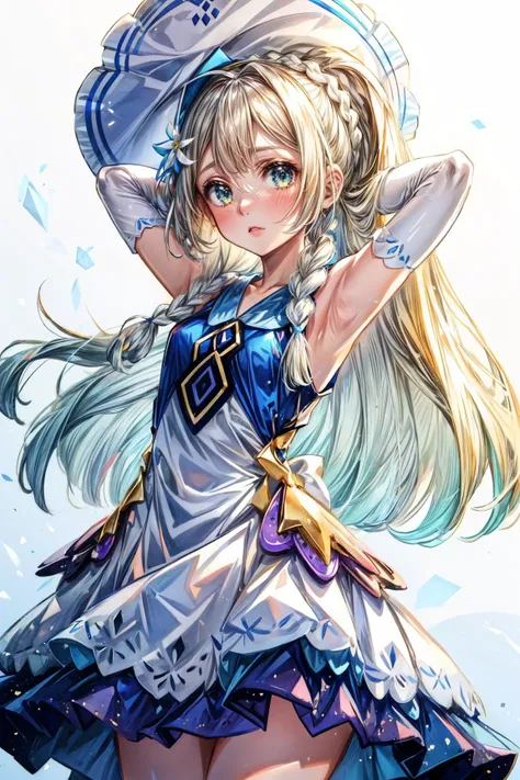 1girl, Arms above head pose, <lora:lillie_(pokemon)_v1:0.8> aalillie, long hair, braid, sun hat, white headwear, collarbone, sleeveless dress, white dress, aalillie, long hair, ponytail, french braid, white shirt, short sleeves, white skirt, pleated skirt, aalillie, long hair, braid, hairband, hair ornament, hair flower, bare shoulders, blue dress, sleeveless, elbow gloves, white gloves <lora:add_detail:1> <lora:CosmicEyes:0.7> <lora:more_details:0.4> <lora:JW:0.4>