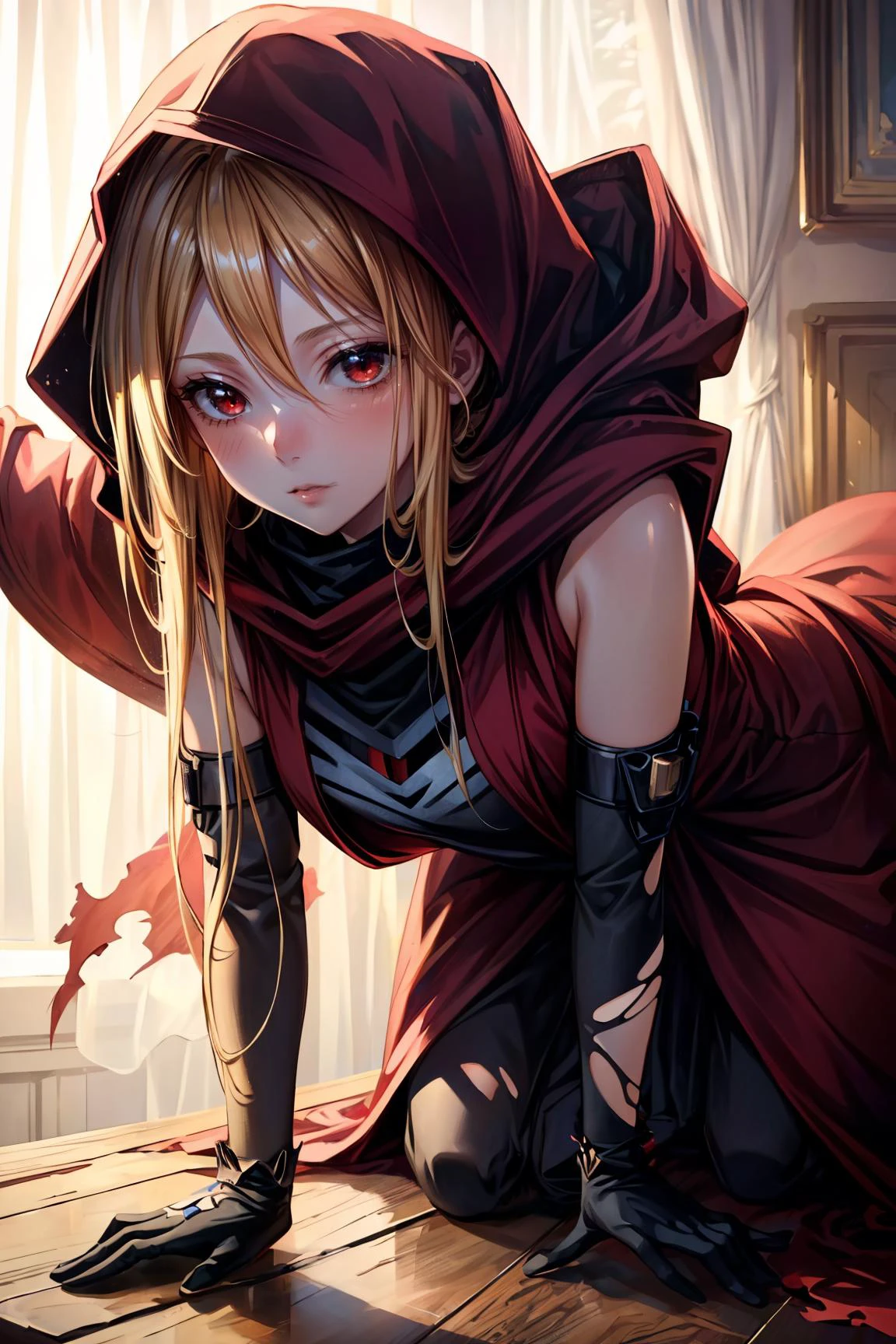 1girl, On all fours pose, <lora:evileye_overlord-10:0.8> evileye_overlord, blonde hair, long hair, hood,red eyes, gloves, cloak, torn clothes, cape, hooded cloak, (mask1.2), red cape, (black dress), Petite body, sexy, young, adult, full body, outside, magic, action, summoners, ((detailed)), ((best quality)), ((masterpiece)), (hires, high resolution:1.3), beautiful face, intricate, (detailed background, light colors, sunlight, natural light, soft shadows), (soft lighting, cinematic light, professional lighting, studio Lighting), extremely detailed CG unity 8k wallpaper, 32k, focus sharp, <lora:add_detail:1> <lora:Light and Shadow:0.5> <lora:CosmicEyes:0.7>