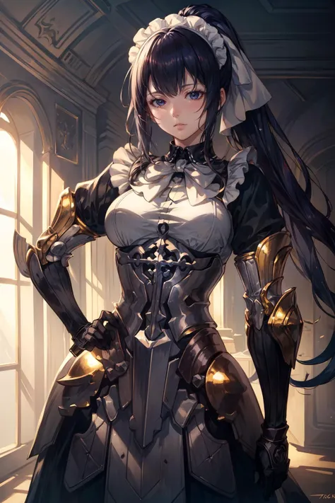 1girl, One hand on hip pose, Surprised look, <lora:ol_narberalgamma-10:1> anime art style, gamma, olnarberal, ponytail, black hair, maid headdress, maid, armored dress, gauntlets, sexy, adult, ((detailed)), ((best quality)), ((masterpiece)),  (hires, high resolution:1.3), beautiful face, intricate, (detailed background, light colors, sunlight, natural light, soft shadows), (soft lighting, cinematic light, professional lighting, studio Lighting), extremely detailed CG unity 8k wallpaper, 32k, focus sharp,  <lora:add_detail:0.7> <lora:CosmicEyes:0.5>