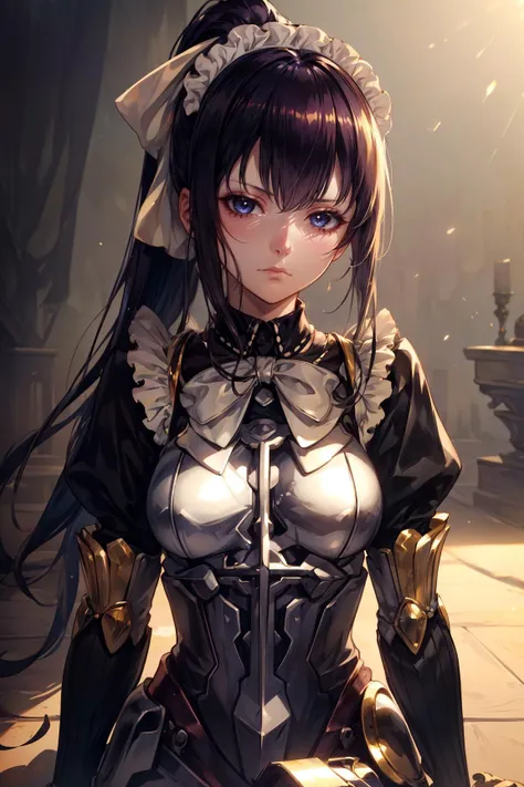 1girl, Sitting on edge pose, Frowning, upset, <lora:ol_narberalgamma-10:1> anime art style, gamma, olnarberal, ponytail, black hair, maid headdress, maid, armored dress, gauntlets, sexy, adult, ((detailed)), ((best quality)), ((masterpiece)),  (hires, high resolution:1.3), beautiful face, intricate, (detailed background, light colors, sunlight, natural light, soft shadows), (soft lighting, cinematic light, professional lighting, studio Lighting), extremely detailed CG unity 8k wallpaper, 32k, focus sharp,  <lora:add_detail:0.7> <lora:CosmicEyes:0.5>