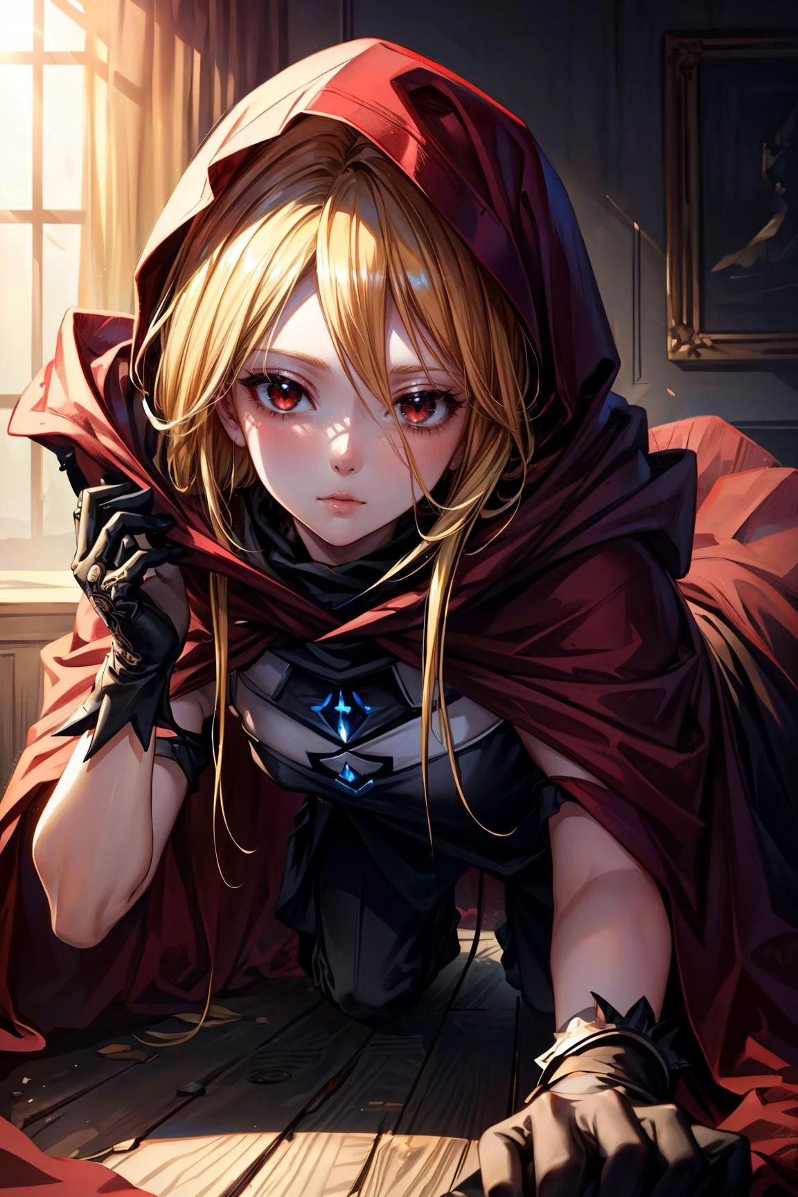 1girl, On all fours pose, <lora:evileye_overlord-10:0.8> evileye_overlord, blonde hair, long hair, hood,red eyes, gloves, cloak, torn clothes, cape, hooded cloak, (mask1.2), red cape, (black dress), Petite body, sexy, young, adult, full body, outside, magic, action, summoners, ((detailed)), ((best quality)), ((masterpiece)), (hires, high resolution:1.3), beautiful face, intricate, (detailed background, light colors, sunlight, natural light, soft shadows), (soft lighting, cinematic light, professional lighting, studio Lighting), extremely detailed CG unity 8k wallpaper, 32k, focus sharp, <lora:add_detail:1> <lora:Light and Shadow:0.5> <lora:CosmicEyes:0.7>