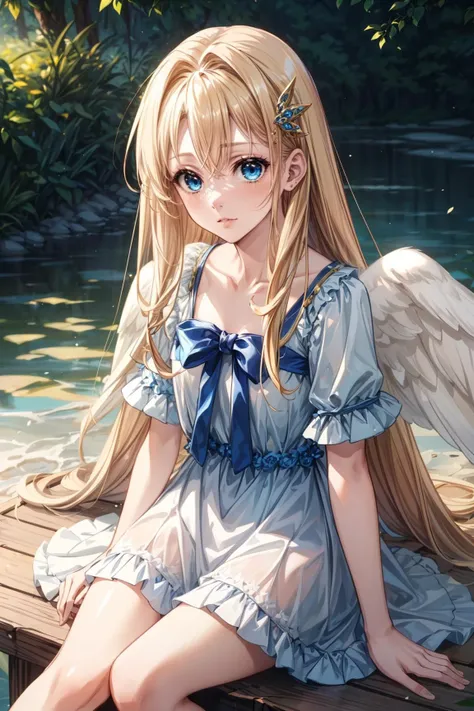 1girl, Sitting on edge pose, Narrowed eyes, <lora:Kizuki - The Rising of the Shield Hero - Filo:0.8> filo, blonde hair, ahoge, hair ornament, flat chest, bangs, long hair, angel wings, white dress, blue bow, sexy, adult, ((detailed)), ((best quality)), ((masterpiece)), (hires, high resolution:1.3), beautiful face, intricate, (detailed background, light colors, sunlight, natural light, soft shadows), (soft lighting, cinematic light, professional lighting, studio Lighting), extremely detailed CG unity 8k wallpaper, 32k, focus sharp, <lora:add_detail:1> <lora:CosmicEyes:0.7> cosmieyes, eyelashes, reflection, light particles. outdoors,