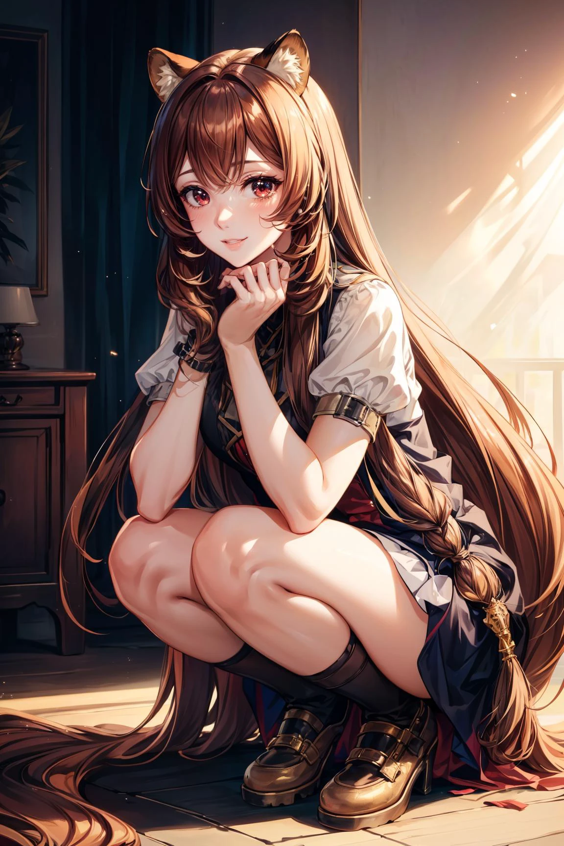 1girl, full body, Squatting pose, Smile, <lora:Raphtalia:0.8> Raphtalia, red eyes, brown hair, long hair, animal ears, raccoon ears, raccoon girl, raccoon tail, sexy, adult, ((detailed)), ((best quality)), ((masterpiece)), (hires, high resolution:1.3), beautiful face, intricate, (detailed background, light colors, sunlight, natural light, soft shadows), (soft lighting, cinematic light, professional lighting, studio Lighting), extremely detailed CG unity 8k wallpaper, 32k, focus sharp, <lora:add_detail:0.7> <lora:CosmicEyes:0.5> cosmieyes, eyelashes, reflection, light particles