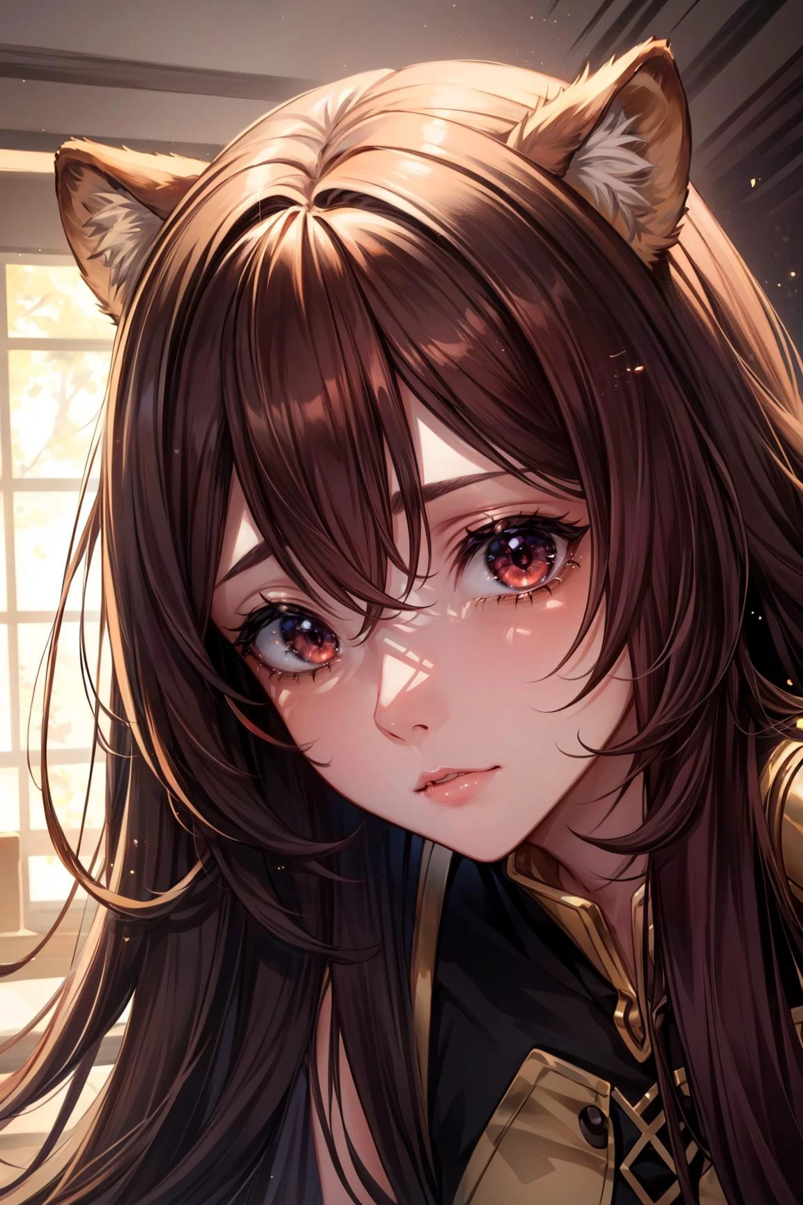 1girl, On all fours pose, Tearful eyes, <lora:Raphtalia:0.8> Raphtalia, red eyes, brown hair, long hair, animal ears, raccoon ears, raccoon girl, raccoon tail, sexy, adult, ((detailed)), ((best quality)), ((masterpiece)), (hires, high resolution:1.3), beautiful face, intricate, (detailed background, light colors, sunlight, natural light, soft shadows), (soft lighting, cinematic light, professional lighting, studio Lighting), extremely detailed CG unity 8k wallpaper, 32k, focus sharp, <lora:add_detail:0.7> <lora:CosmicEyes:0.5> cosmieyes, eyelashes, reflection, light particles