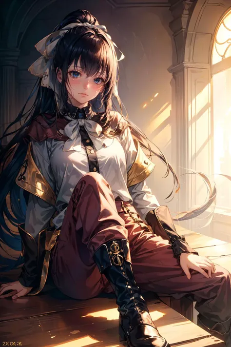 1girl, Seated pose, Tearful eyes, <lora:ol_narberalgamma-10:1> gamma, olnarberal, ponytail, black hair, hair ribbon, shirt, cape, brown pants, boots, sexy, adult, ((detailed)), ((best quality)), ((masterpiece)),  (hires, high resolution:1.3), beautiful face, intricate, (detailed background, light colors, sunlight, natural light, soft shadows), (soft lighting, cinematic light, professional lighting, studio Lighting), extremely detailed CG unity 8k wallpaper, 32k, focus sharp,  <lora:add_detail:0.7> <lora:CosmicEyes:0.5>