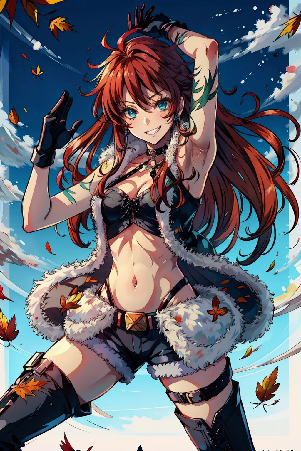 masterpiece, best quality, solo, 1girl, detailed eyes, detailed hands, detailed lighting, highres, fall, falling leaves, grin, combat stance,
<lora:add_detail:0.4>
<lora:CosmicEyes:0.2>, aqua eyes,
<lora:EraseGroinSkirt:0.7>
<lora:ShirleyCS:0.9> , Shirley Orlando, red hair, ahoge, long hair, medium breasts, green tattoo, choker, fur coat, fur trim, o-ring, leather topwear, cleavage, stomach, navel, gloves, black short shorts, belt, thigh boots,
