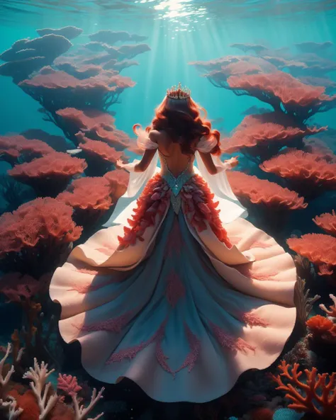 anime artwork adult mature woman, high quality, best quality, highres, high detail, from above,atmospheric lighting, (( red flowing hair)),  <lora:Outfit_hud-SeaShellDress:0.65> s34sh3ll_1, glowing seaweed gown, [[seashell cloak]], from behind, pink coral tiara, ((luminescent)) seaweed underwater . anime style, key visual, vibrant, studio anime,  highly detailed