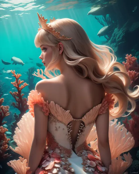 anime artwork adult mature woman, high quality, best quality, highres, high detail, atmospheric lighting,afterglow, (( dark flowing hair)),  <lora:Outfit_hud-SeaShellDress:0.65> s34sh3ll_1, glowing seaweed gown, [[seashell cloak]], from behind, pink coral trident crown, ((luminescent)) seaweed underwater, profile . anime style, key visual, vibrant, studio anime,  highly detailed