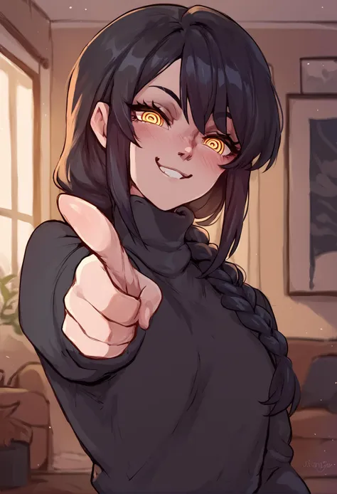 (score_9, score_8_up), score_7_up, score_6_up, score_5_up, score_4_up, Nayuta, 1girl, ringed eyes, black hair, yellow eyes, best quality, smug, black sweater, turtleneck sweater, pointing at viewer, indoors, blushing, medium hair, single braid, living room, upper body <lora:Nayuta_CSM_XL_Pony:1> <lora:merunyaa_style_ponyxl_v1_unet:0.95>, merustyle