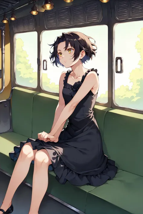 1girl, chane_laforet, chanedress, sleeveless, black dress, black rose, short hair, yellow eyes, sitting on a steam train, <lora:Chane Laforet Pony XL-000003:0.9>,, score_9, score_8_up, score_7_up,