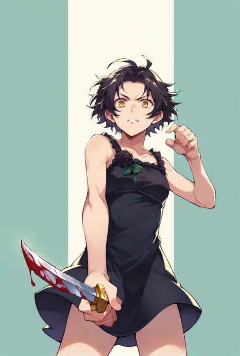 1girl, holding knife, blood on knife, <lora:Chane Laforet Pony XL:0.85> chane_laforet, short hair, yellow eyes, chanedress, sleeveless, black dress, black rose, <lora:DynamicPose_alpha1.0_rank4_noxattn_100steps:1>, dynamic pose, super wide angle shot, extreme perspective,, score_9, score_8_up, score_7_up,