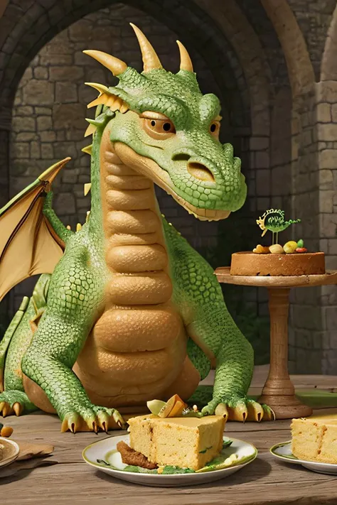 <lora:Dragon_Jane_and_the_Dragon:0.8> dragon, yellow belly scales, green scales, scales, wings, eating cake, looking at viewer, cinematic, highly-detailed,