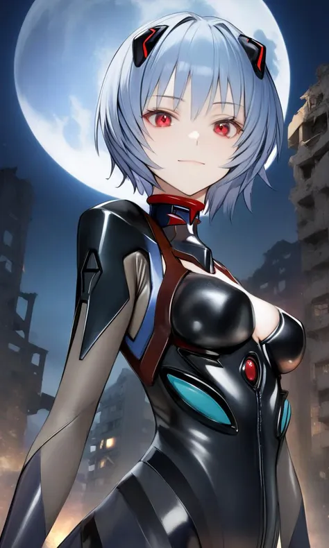 1girl, reishin, blue hair, red eyes, 
plugsuit, 
looking at viewer, light smile, upper body, straight-on, 
outdoors, ruins, night, moon, 
masterpiece, best quality, very aesthetic, absurdres, by nyatabe, 
<lora:ReiShinFlare_XL:0.7><lora:Nyatabe_XL:1>