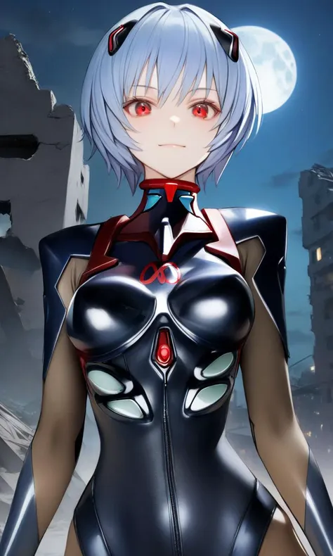 1girl, reishin, blue hair, red eyes, 
plugsuit, 
looking at viewer, light smile, upper body, straight-on, 
outdoors, ruins, night, moon, 
masterpiece, best quality, very aesthetic, absurdres, by nyatabe, 
<lora:ReiShinFlare_XL:0.7><lora:Nyatabe_XL:1>