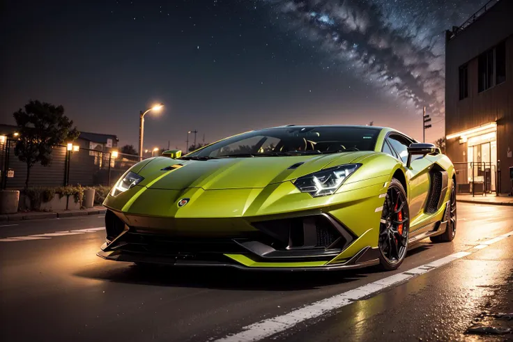 A frontal shot of a green LamboAvent at night, neon light under the car