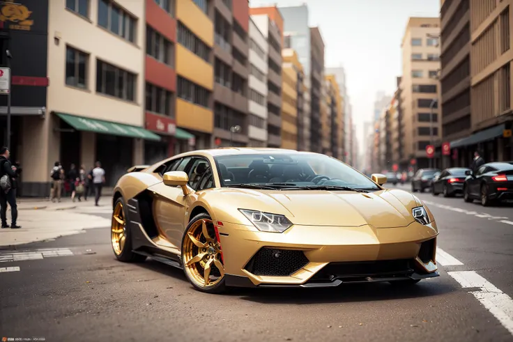 A (gold) LamboAvent with black rims, city