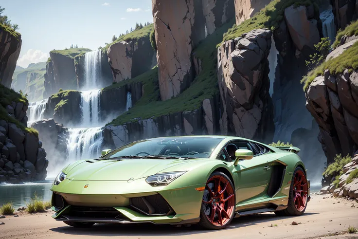 A (green) LamboAvent with red rims, waterfall
